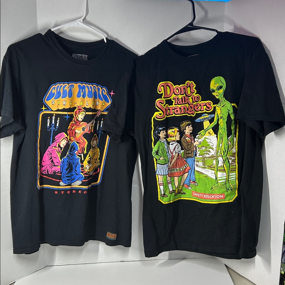 Lot of 2 Steven Rhodes Black T-Shirts | Cult Music & Don't Talk to Strangers